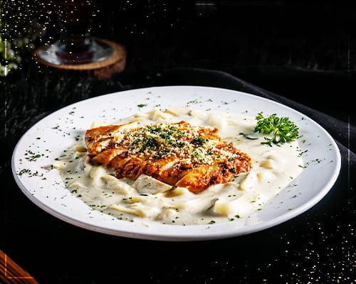 Grilled chicken fillet in a creamy white sauce